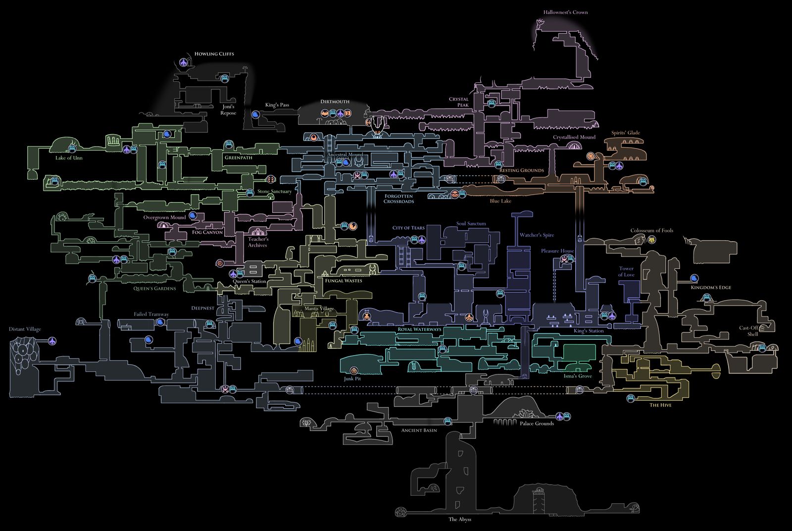 Full Hollow Knight map of Hallownest showing all areas from Howling Cliffs and Crystal Peak down to Deepnest and the Abyss